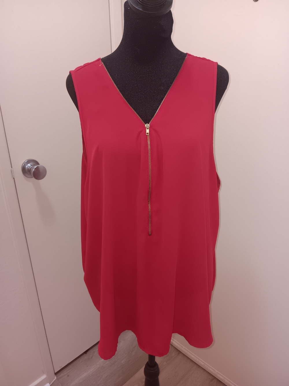 Ambiance Sleeveless Red V-Neck Top with Gold Zip